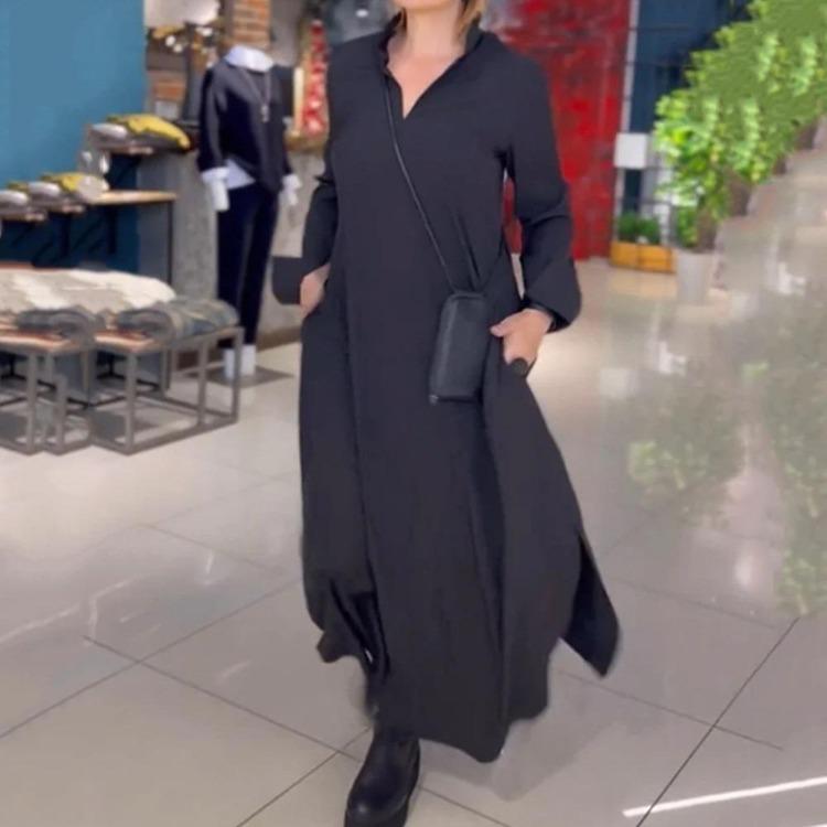 2026 Fashion Women Elegant Maxi Dress Casual Long Sleeve Solid Color Loose Hem Pullover Robe Female Autumn Winter Dress
