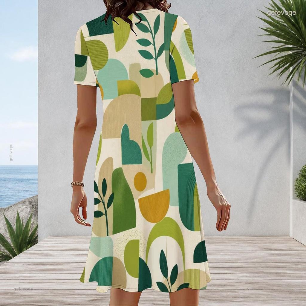 Women Plus Size Round Neck Short Sleeve Geometric Printed A Line Midi Dress
