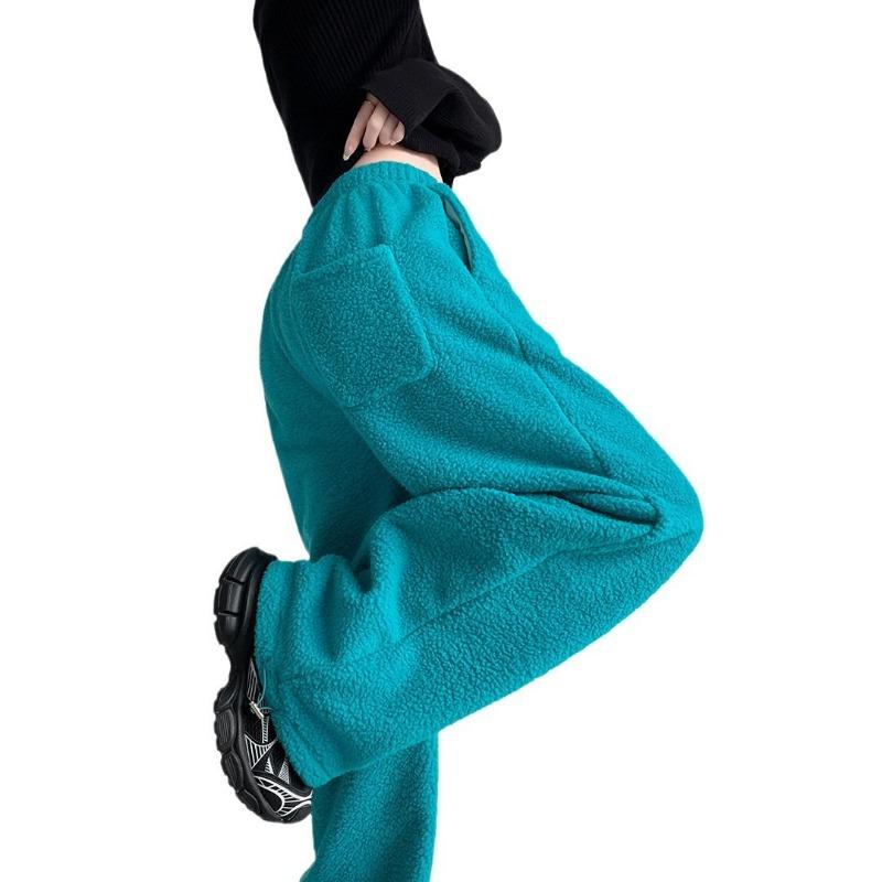 Double-sided Fleece Lazy Loose Soft Waxy Wide-leg Pants Women's Winter Tied Feet High Waist Loose Straight Sports Casual Pants