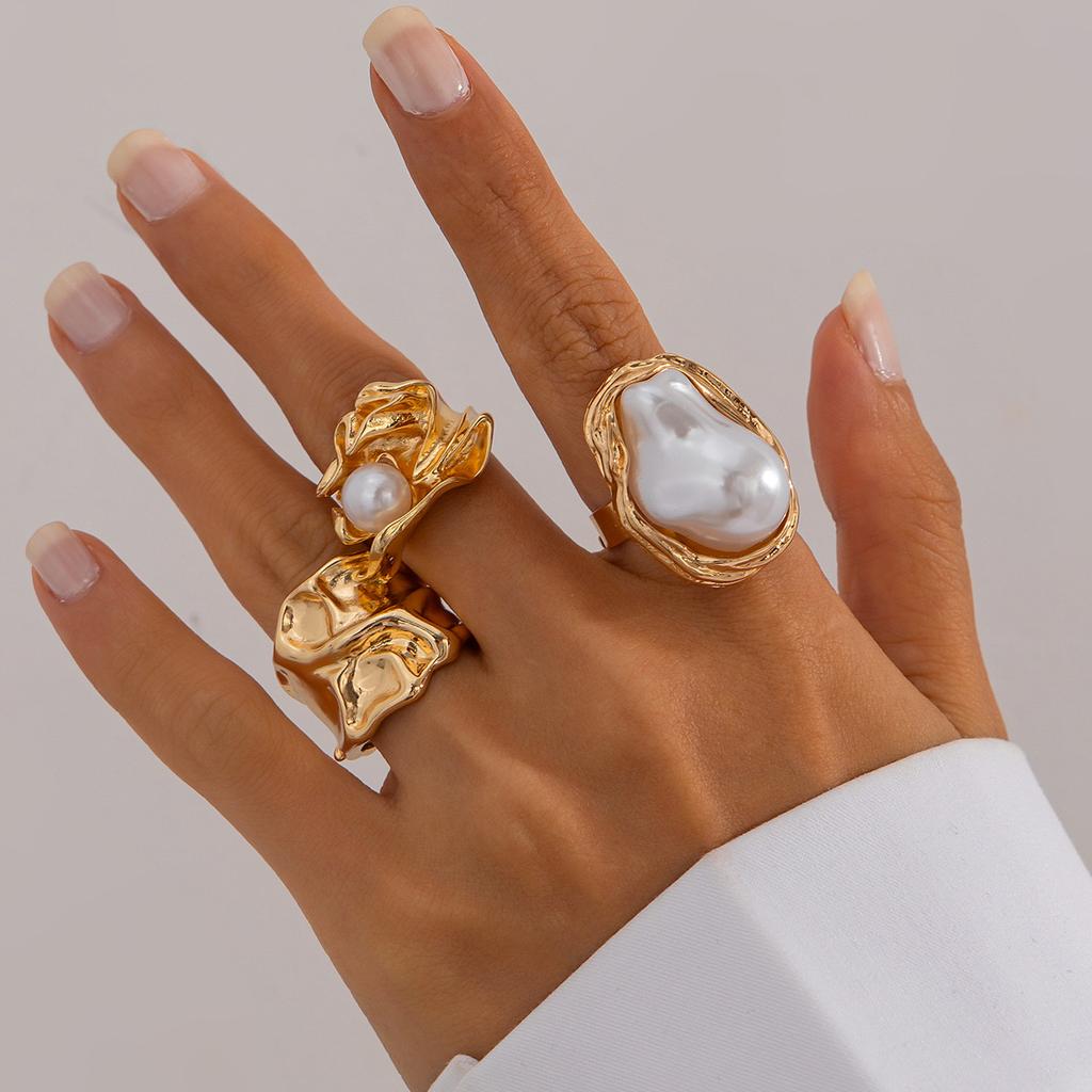 3Pcs/set Gold Color Irregular Pearl Open Rings Set for Women Exaggerated Vintage Metal Folds Thick Chunky Ring Jewelry Gifts