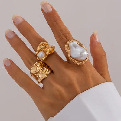 3 Stück/Set Goldfarbenes Unregelmäßiges Perlen Offene Ringe Set für Damen Übertrieben Vintage Metallfalten Dick Chunky Ring Schmuck Geschenke