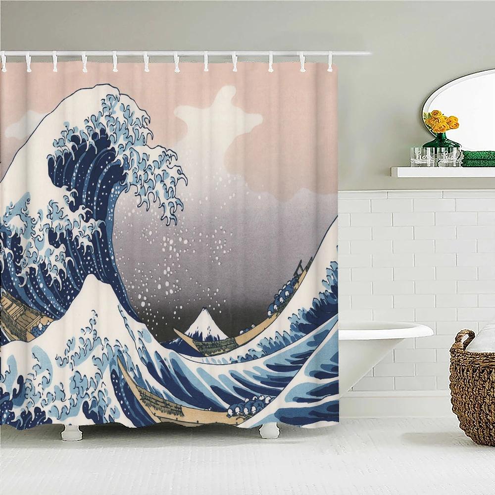 Japanese Sea Waves Koi Spray Fabric Shower Curtain Bathroom Curtains Plum Blossoms Mount Fuji Landscape Bath Screen With Hooks
