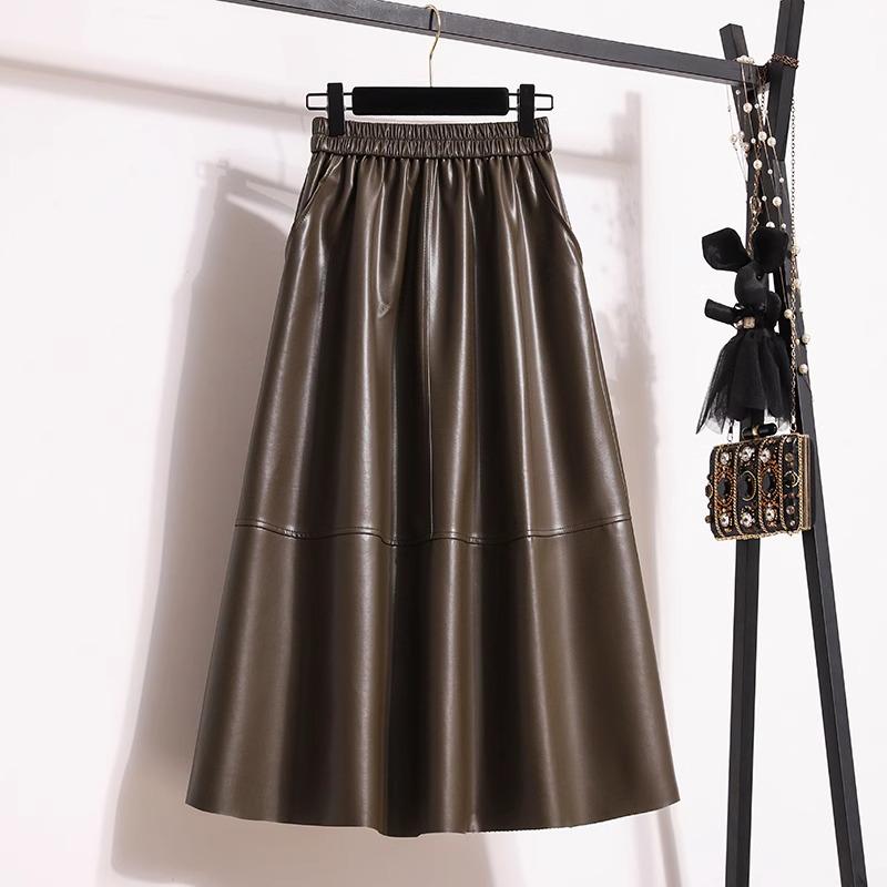 Fustă Midi A-Line Maro din Piele PU cu Talie Înaltă Mărimi Mari pentru Femei