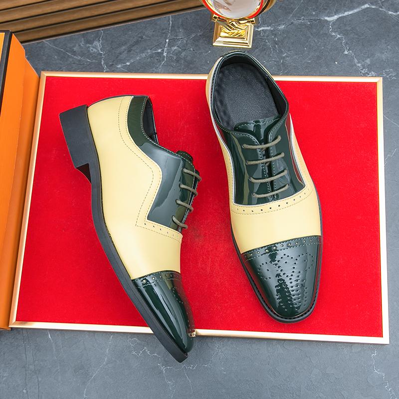 Fashion Block Shoes Men Yellow Green Patent Leather Spliced British Style Lace Up Business Office Brand Formal Shoe Size 38-46 Men Shoes