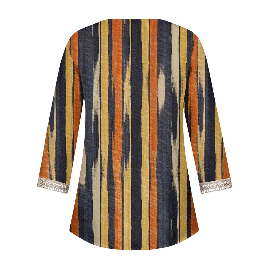 Damen Hemdbluse, lässig, lockere Hemden, 3/4-Ärmel, Spitzenbesatz, Aufdruck, V-Ausschnitt, Oberteile, bedruckte Oberteile, T-Shirts, T-Shirt