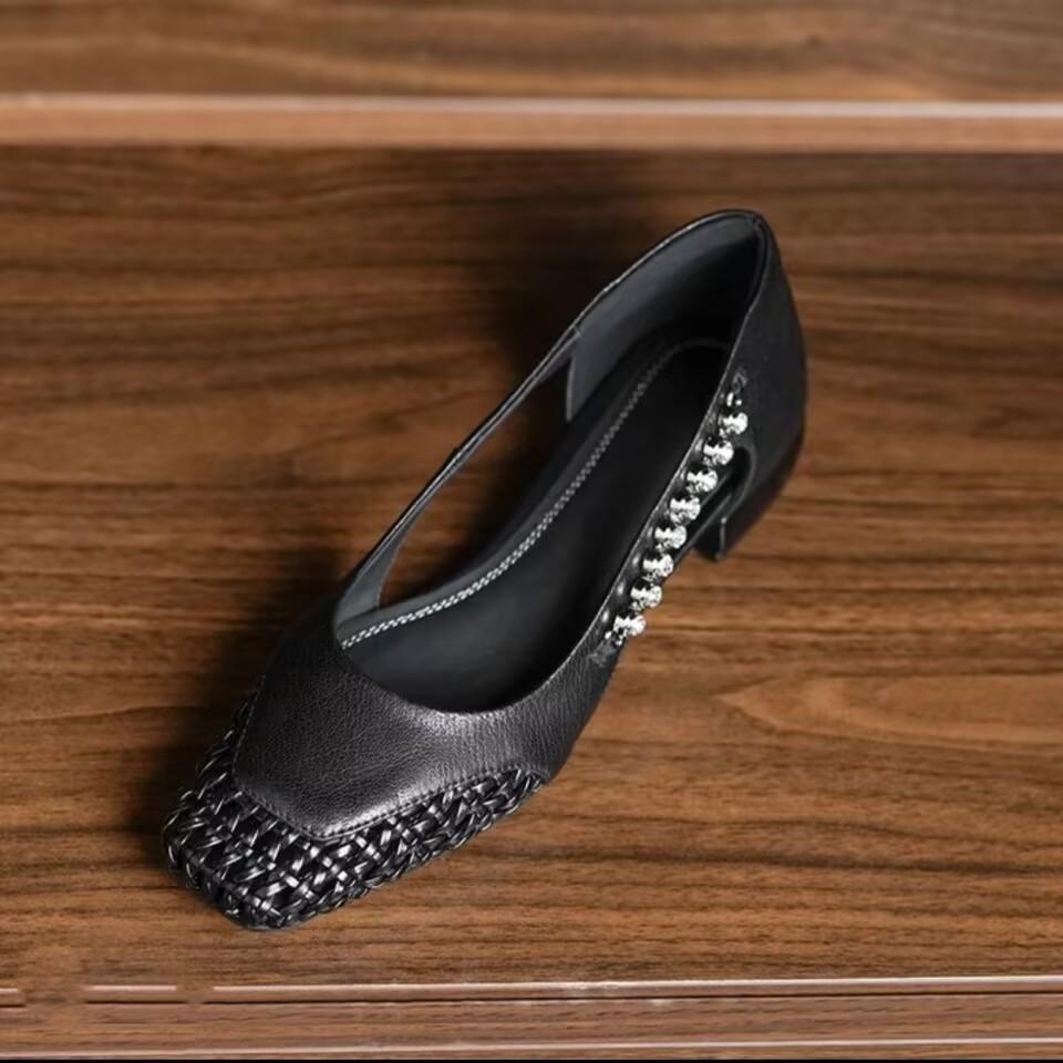 

Версия из овчины~ ретро клетчатая вставка, полые и дышащие туфли-лодочки с квадратным носком из кожи на высоком каблуке для женщин 35 чёрный