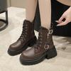 Fashion Cool British Style Lace-up Boots for Women Autumn New Style Thick Heel Thick Sole Belt Buckle Front Lace Up Leather Short Boots