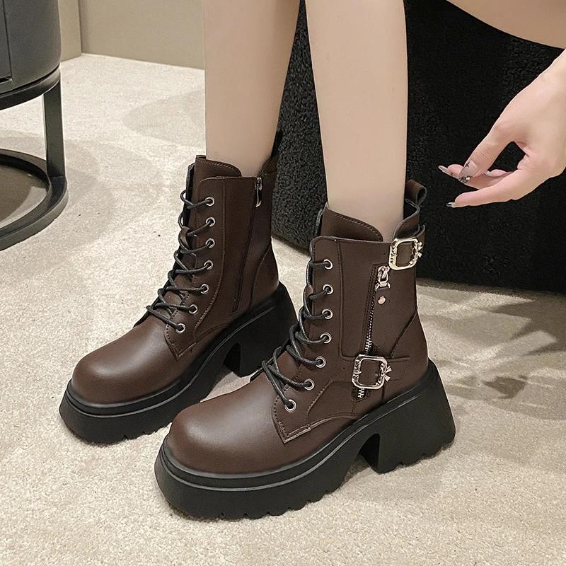 Fashion Cool British Style Lace-up Boots for Women Autumn New Style Thick Heel Thick Sole Belt Buckle Front Lace Up Leather Short Boots