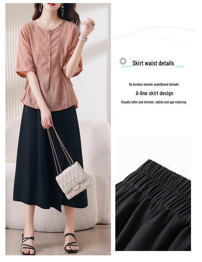 2025 Summer Fashion Tencel Blouse & Midi Skirt Set for Women - Age-Reducing, Casual, Loose Fit 