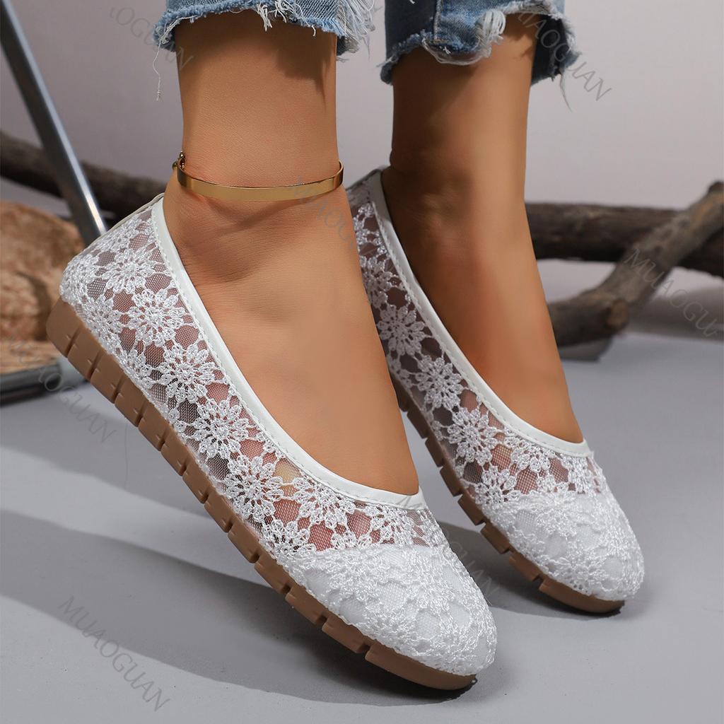 Fashion 2025 Spring Summer Single Shoes Female Shallow Mouth Mesh Lace Breathable Flat Bottomed Versatile Flats Casual Shoes for Women