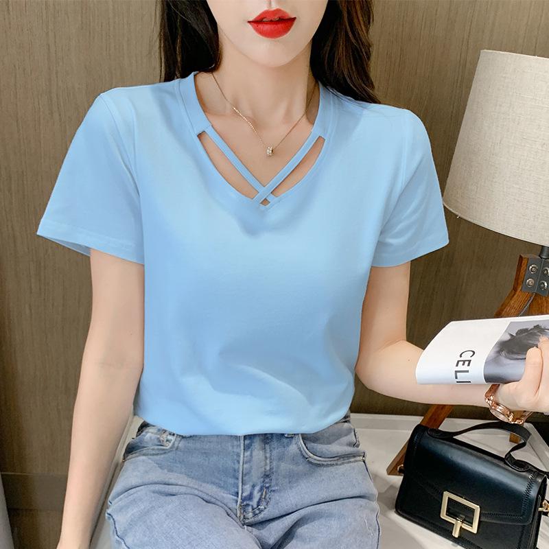 2025 Women's Korean Style V-Neck Short-Sleeve Solid Color T-Shirt