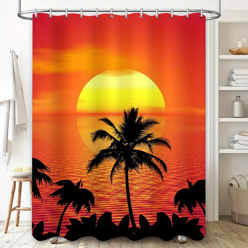 Sunset Palm Tree Shower Curtain Waterproof Bath Decor Fabric Printing Home Decoration Supplies Multicolor Sunset Scene With Silh