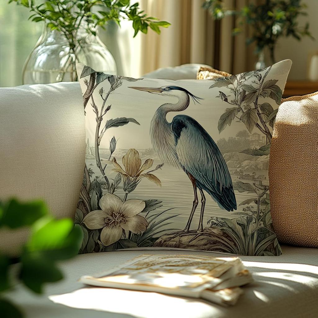 Vintage Botanical Wildlife Pillowcase Throw Cover Art Print Tropical Heron Nature Floral Illustration Canvas Cushion 18x18 Inch