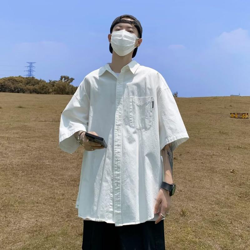 Men's Short Sleeve Button Shirt Men's Loose Casual Short-Sleeve Collared Shirt Pocket Loose-Fit Top