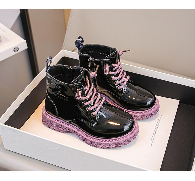 Girls' Patent Leather Ankle Boots - Autumn/Winter Plus Velvet, Zipper Design, Sequin Accents, Suitable for Middle To Big Kids and Babies