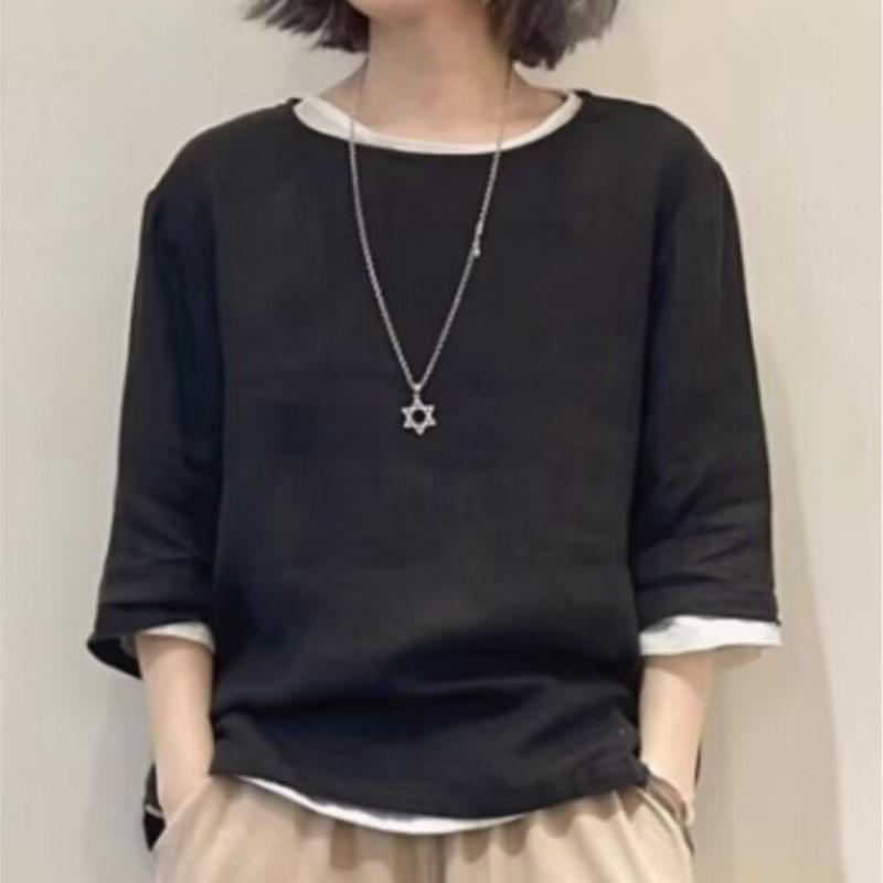 Johnature Women Casual T-Shirts O-Neck Seven Sleeve Solid Color Summer Loose Women Soft T-Shirts