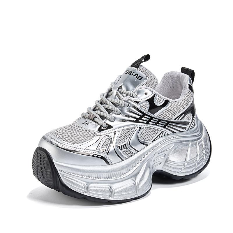 

Dad Shoes Girl 2025 Spring and Summer New Fashion Mesh Shoes Casual Sports Shoes Versatile Thick-soled Women s Shoes 42 серебряный