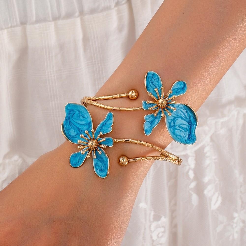Gold Color Flower Cuff Bracelet Enamel Glaze Craft Open Arm Ring New Floral Open Cuff Armlet  Gifts