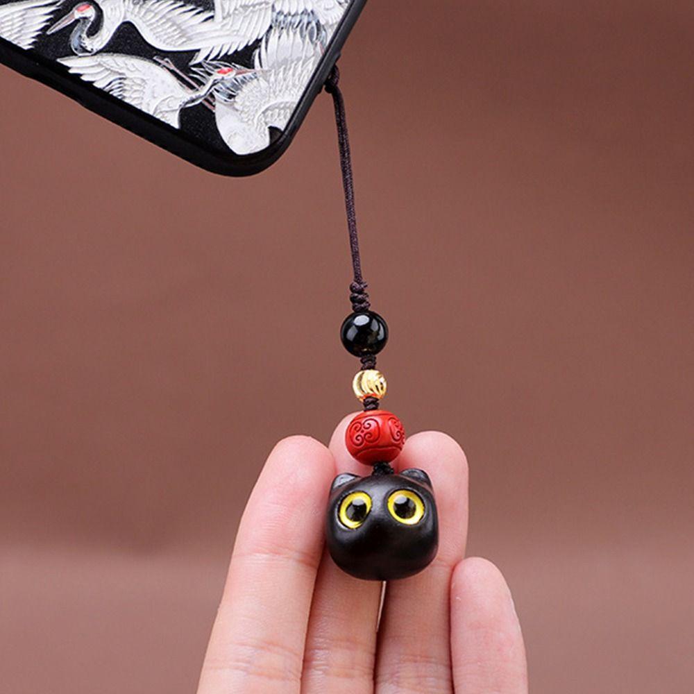 Style Pendant Decoration Sandalwood Key Chain Mobile Phone Ring Lucky Cat Pendant Key Chain Strap