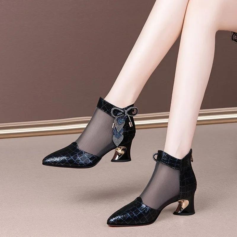Fashion Women Summer Sandals Comfortable Mesh Outdoor Pointed Toe High Heels Sandals Trend 2025 Luxury Ankle Casual Shoes for Women