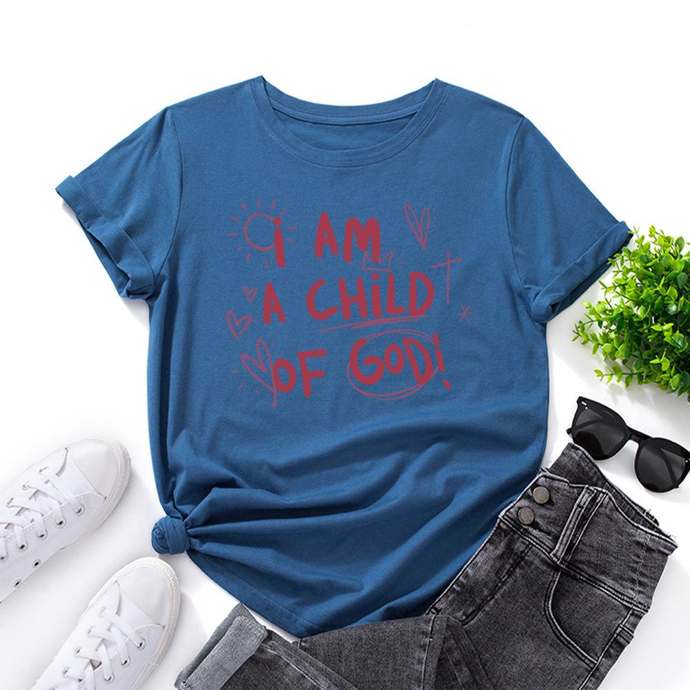 A Child of God Alphabet Cotton T-Shirt Short Sleeve Round Neck Women 2d Print Tops