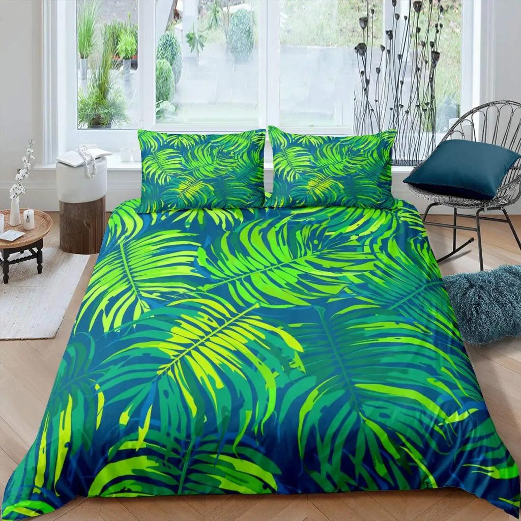 Leaf Duvet Cover Set Romantic Holiday Island Hawaiian Banana Trees Bedding Set Double Queen King Full Size Polyester Qulit Cover