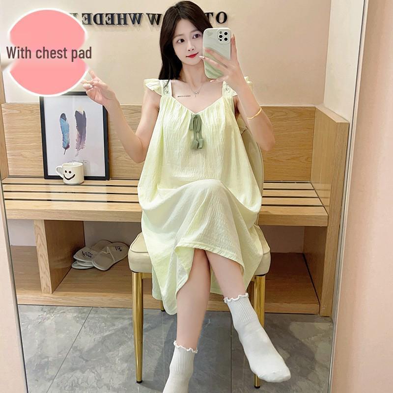 Women's Summer Sweet Princess Cloud Cotton Camisole Pajamas with Built-in Bra, Plus Size Long Nightgown for Homewear