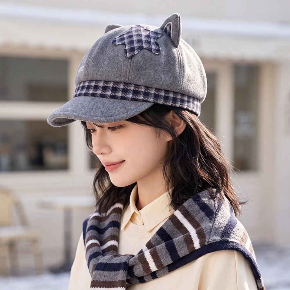 Autumn and Winter Women Octagonal Hat Japanese Style Newsboy Hat Cat Ears Beret Cap Punk Goth