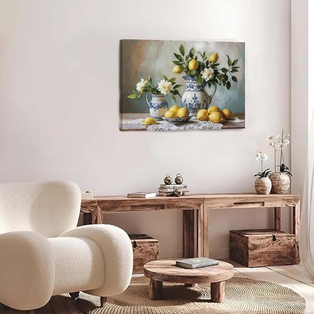 Vintage Floral Pattern Wall Decor, Fruit Porcelain Canvas Poster Framed, Framed Artwork, Suitable for Bedrooms, Home Offices