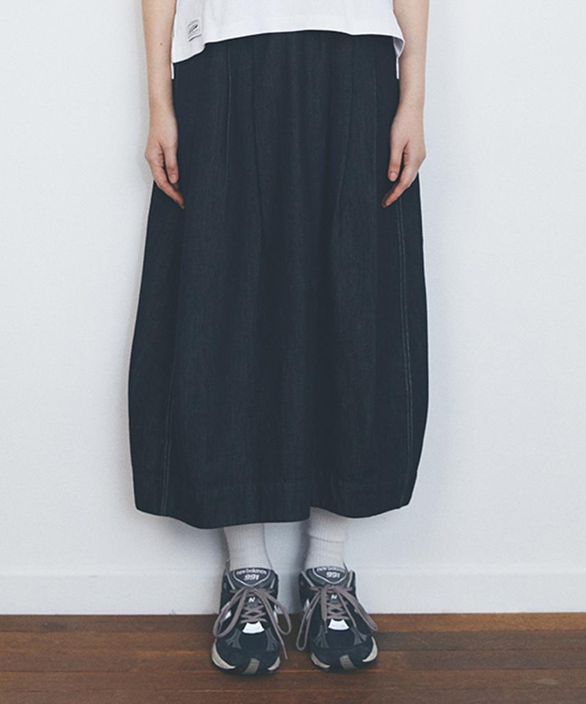Columbia University All-Round Pleats Denim Long Skirts Indigo Denim