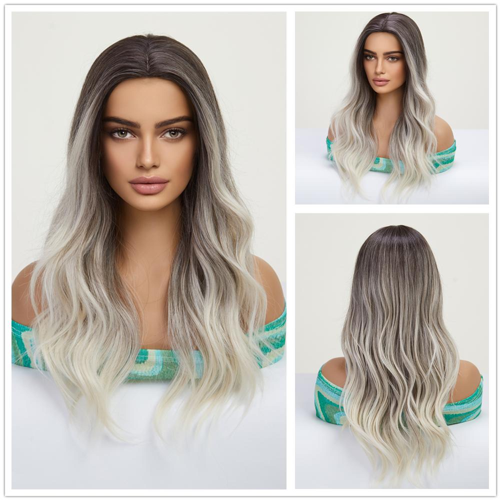 BLONDE UNICORN Long Synthetic Ombre Brown Blonde Wig Wavy Wigs with Bangs Cosplay Wigs for Women Party Use Heat Resistant Fiber