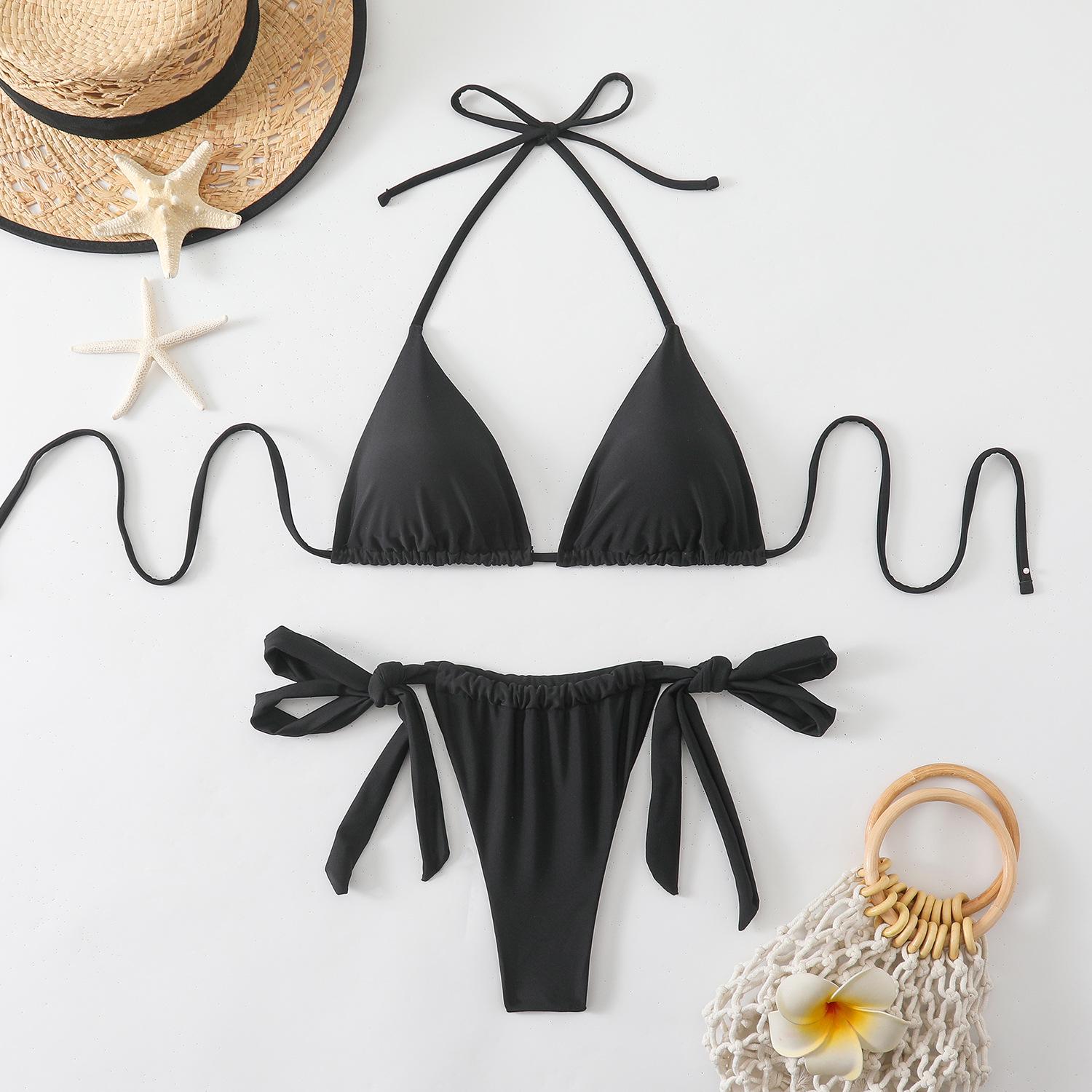 

2026 Women s Solid Color Lace-up Halter Triangle Bikini Set - Sexy Swimsuit M чёрный
