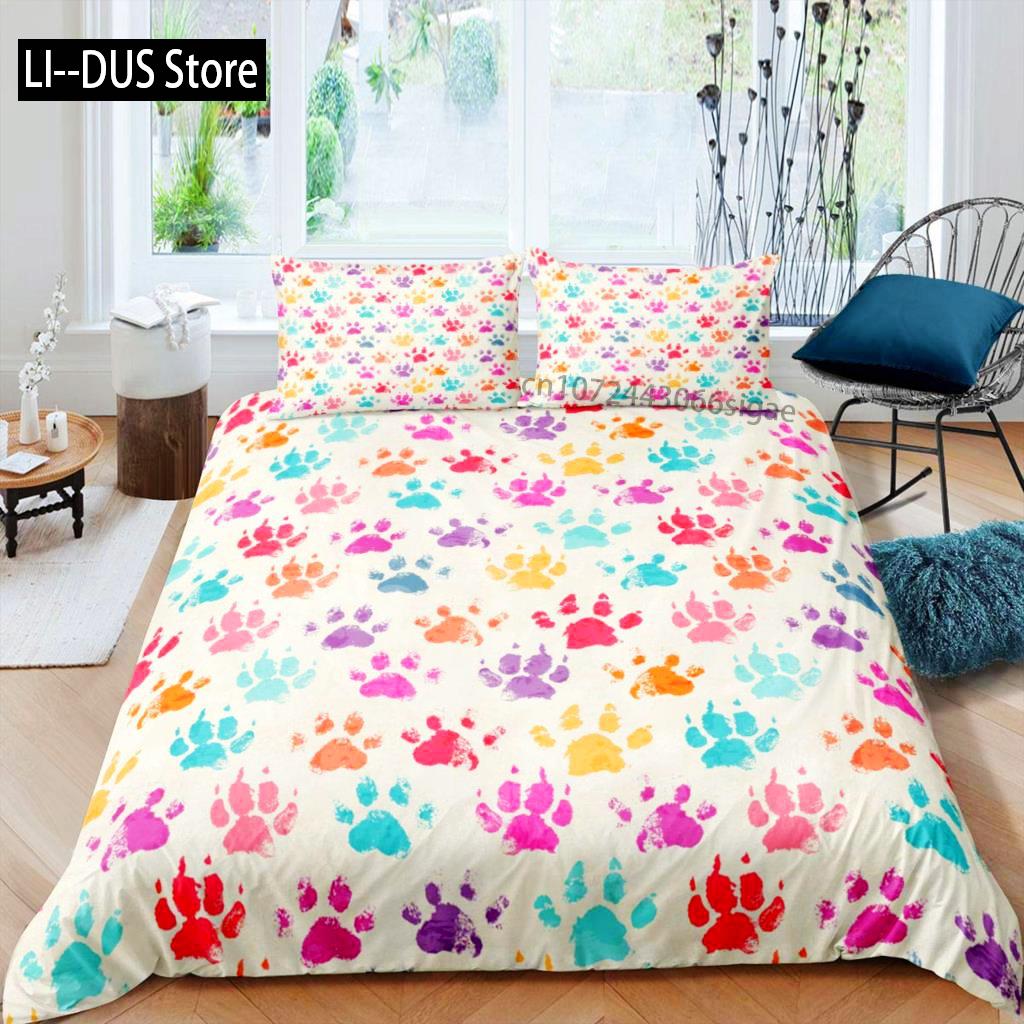 Footprint Duvet Cover Set Kids Watercolor Bedding Set Animal Footprints Colorful Puppy Paws Multicolor Graffiti Art Quilt Cover