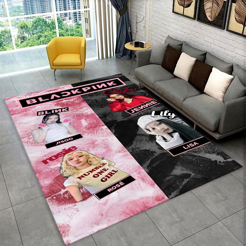 Fashion B-Black P-Pink Kpop Star Carpet Rug for Playroom Bedroom Living Room Sofa Home Decor,kid Area Rug Non-slip Floor Mat