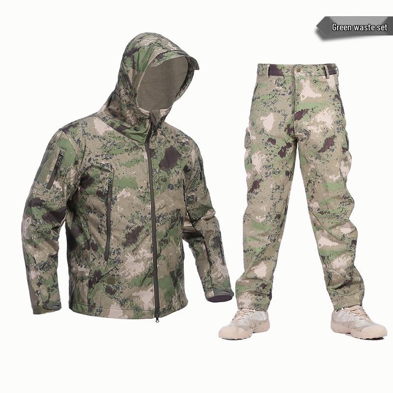 Alpha Green Tactical Sharkskin Waterproof Ski Suit: Camouflage Soft Shell Pants & Warm Fleece Set