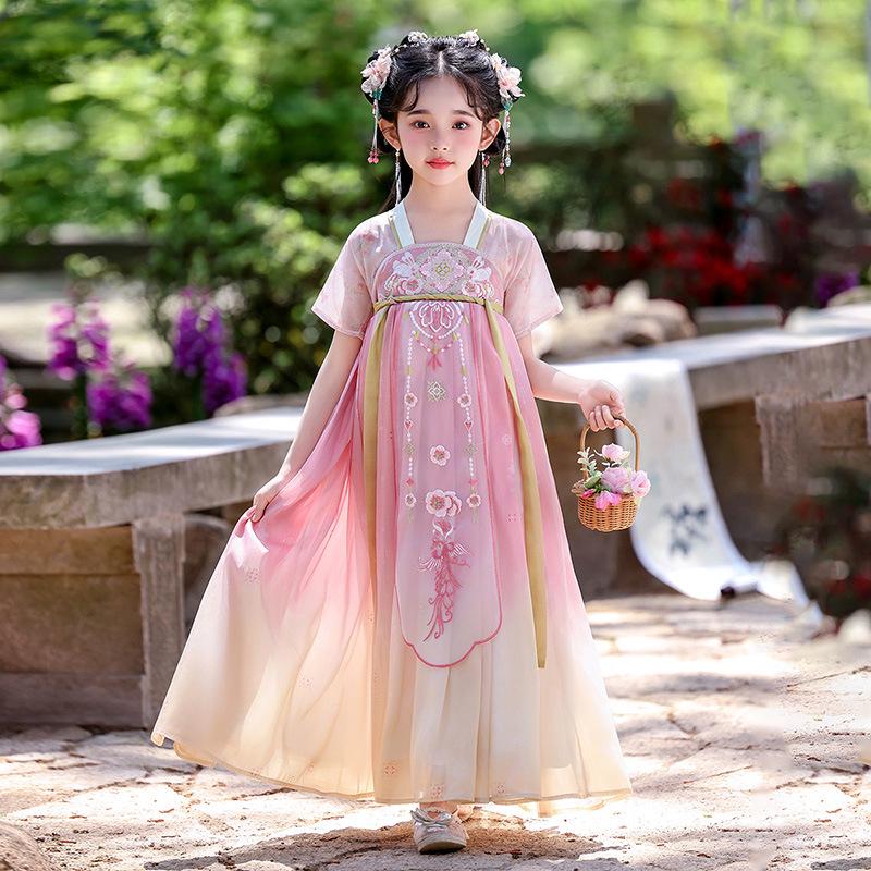 Kids' Summer Hanfu Chiffon Dress: Short Sleeve Ruqun Princess Costume