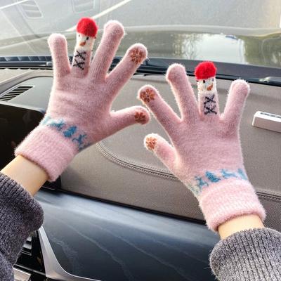 Gloves Female Winter Cute Student Knitted Wool Can Be Thickened To Keep Warm Cycling Five Fingers Winter Cold Riding