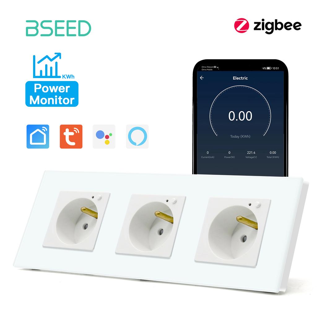 BSEED French Zigbee Socket Wall Smart Sockets Power Monitor Function Tuya Smart Life Google Alexa Voice Control Glass Panel 16A