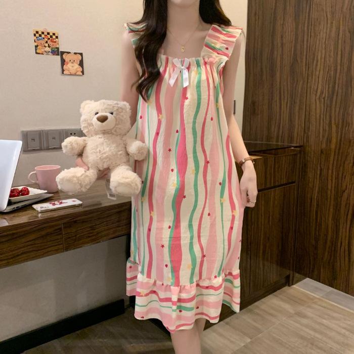 Cloud Cotton Pajamas Girl Summer Sweet Princess Style with Chest Pad Suspender Medium Length Loose Nightdress Loungewear Outside
