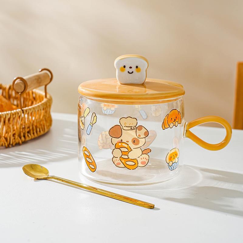 

Креативная кружка из высокоборосиликатного стекла, термостойкая, для пары, милая кофейная чашка, большая емкость, чашка для завтрака с крышкой и ложкой 401-500ml