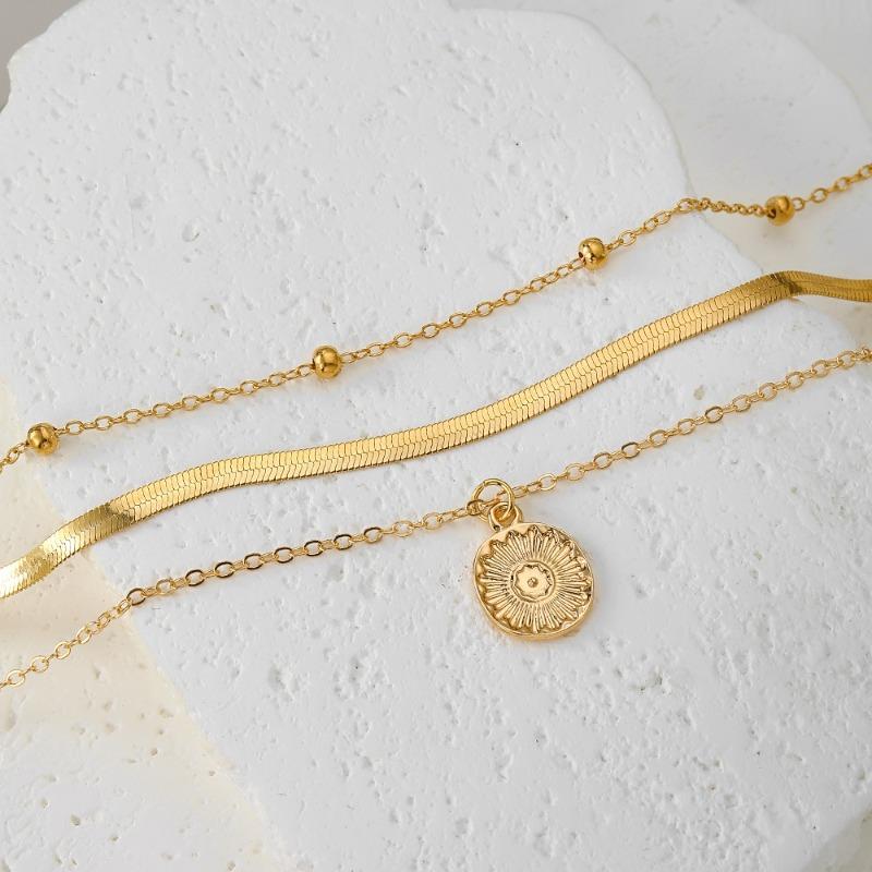Stainless Steel Three Layer Round Pendant Necklace for Women Fashion Simple Flat Snake Chain Beads Jewelry Party Gift
