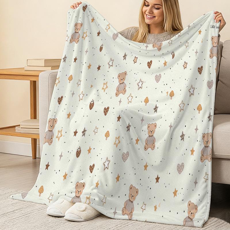 Cute Bear Design Soft Fleece Blanket - Cozy Bordered Plush Throw for Home Nap, Halloween & Christmas Warmth