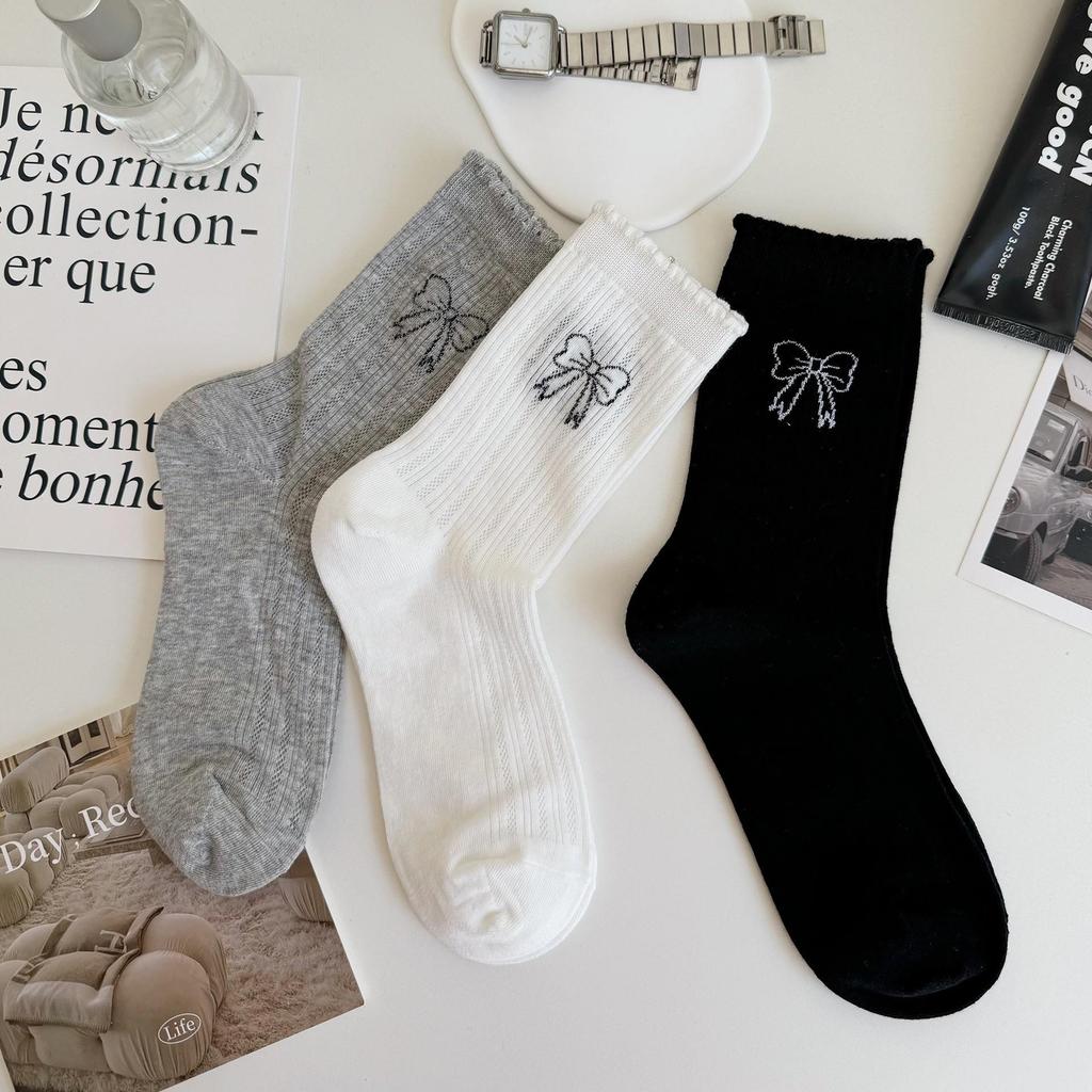 Miu Style Women's Summer Grey Bow Mesh Mid-Calf Socks - Super Thin, Glittery, Hot Stamping Design