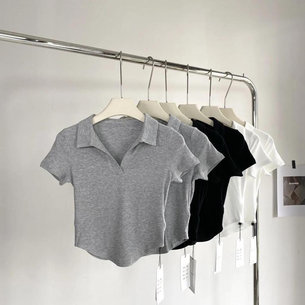 2024 Summer Slim Fit U-Shaped Polo Collar T-Shirt for Women – Short-Sleeved Hot Style