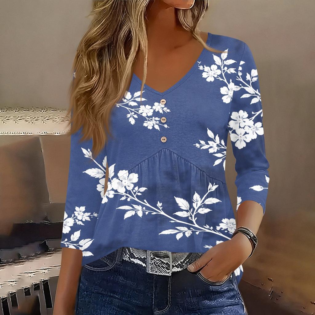 Womens 3/4 Sleeve V Neck Button Detail Floral Print Tunic Top Casual Lightweight Blouse for Daily Wear