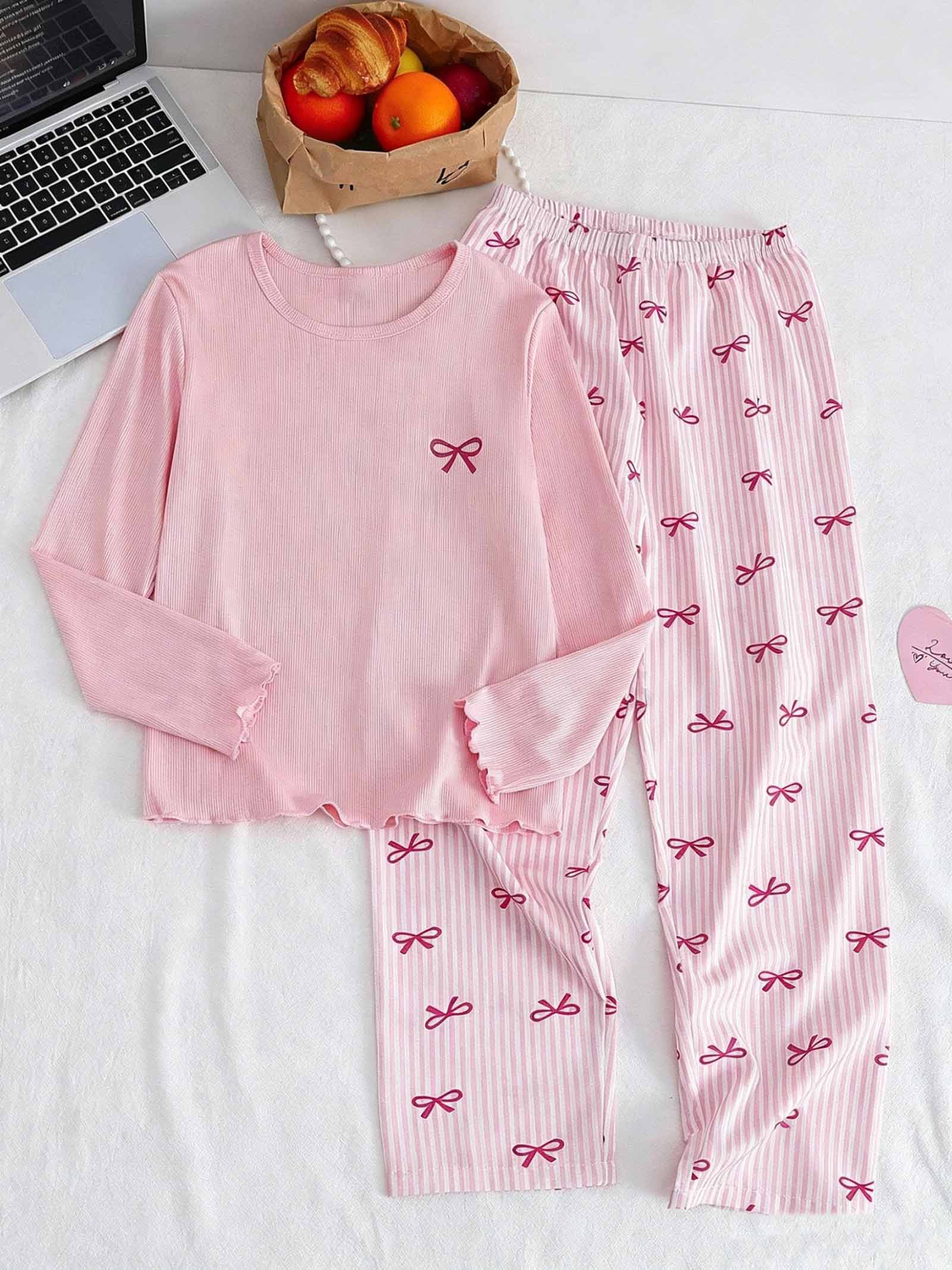 Mädchen Langarm-Pyjama-Set, Gerippter Strick-Schlafanzug mit Schleifenmuster, Niedrige Loungewear in Rosa für Kinder 8-12 Jahre 11Y rosa