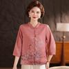 Mom's Summer 2026 New Chinese Faux Silk Shirt - Elegant Three-Quarter Sleeve, Stand Collar, for Middle-Aged and Elderly Women