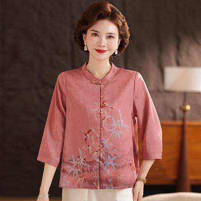 Mom's Summer 2026 New Chinese Faux Silk Shirt - Elegant Three-Quarter Sleeve, Stand Collar, for Middle-Aged and Elderly Women