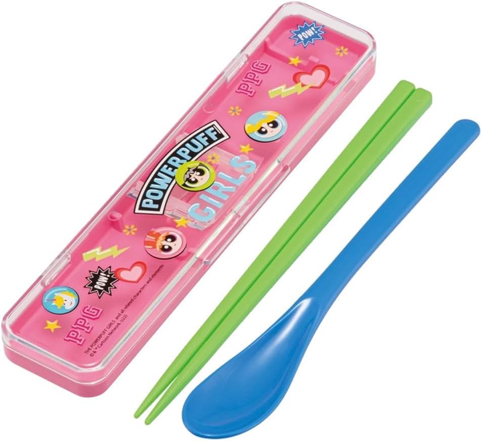 Powerpuff Girls Chopsticks and Spoon Combo Set, 18cm, Bento Chopsticks Case, Made in Japan, Dishwasher Safe, Antibacterial (Combo Set, Freezer Bag)