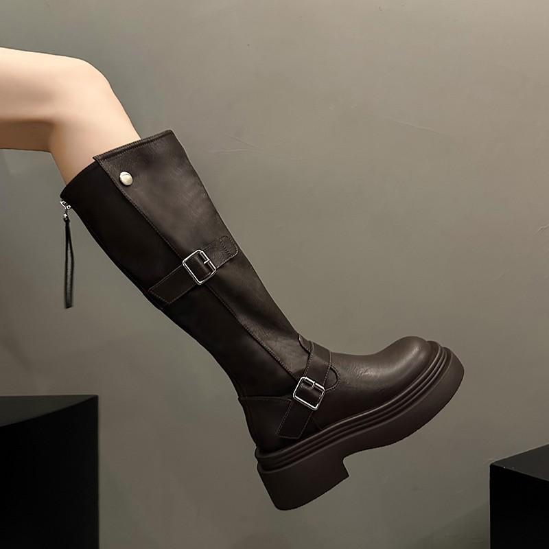 Gürtelschnalle Dicke Sohle Quadratischer Absatz Damen Kurzstiefel Herbst und Winter Retro Hohe Stiefel Muffin Skinny Spice Girl Motorradstiefel